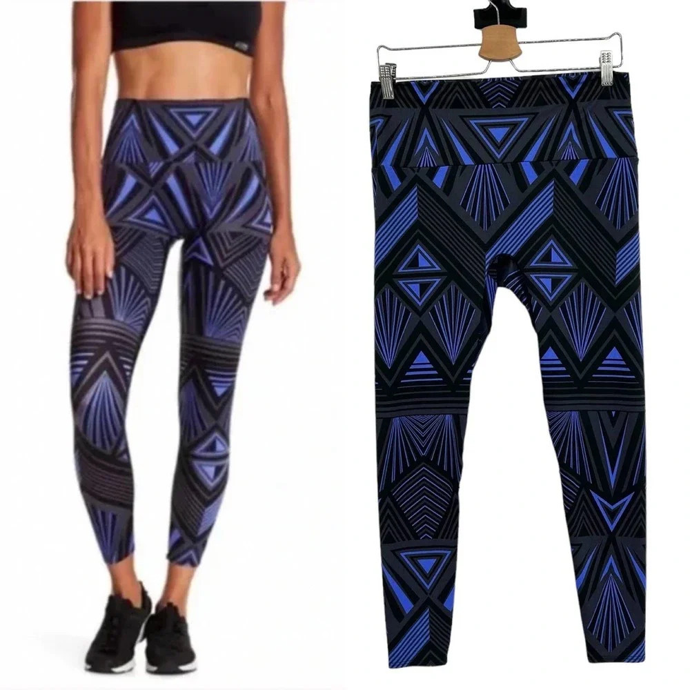 K-Deer Hype Geo Crop High Rise Leggings Geometric‎ Print Blue Black Size 2XL